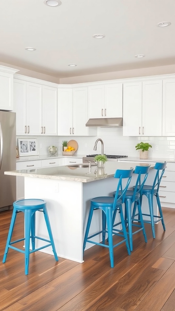 A modern kitchen featuring chic blue bar stools at a white island, with white cabinets and a wooden floor.