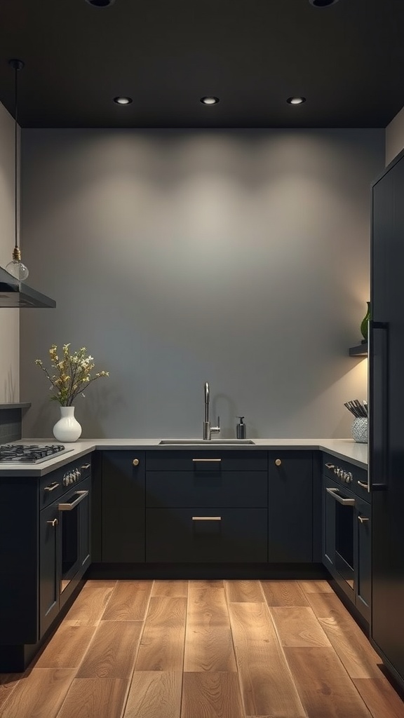 A modern kitchen featuring charcoal gray walls and dark cabinetry, with a wooden floor and minimal decor.