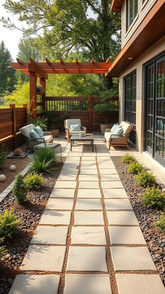 A modern patio path made of flagstones lined with decorative plants and gravel, leading to a cozy seating area under a wooden pergola.