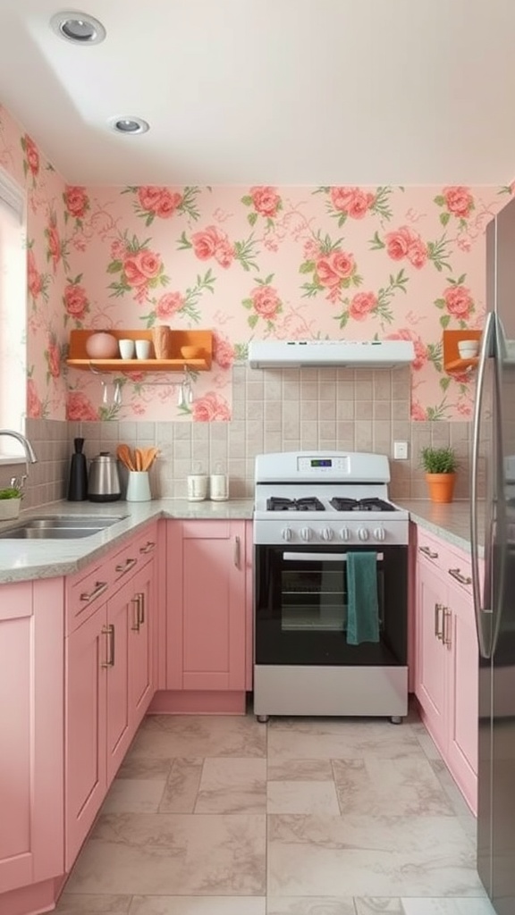 A stylish kitchen with pink floral wallpaper and matching cabinets.