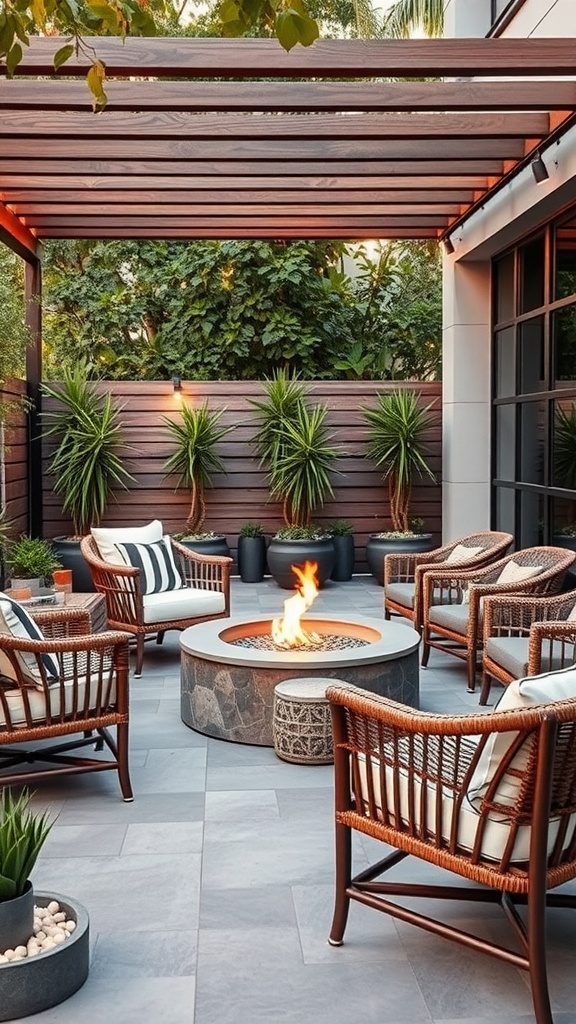 Outdoor patio featuring rattan chairs surrounding a circular fire pit.