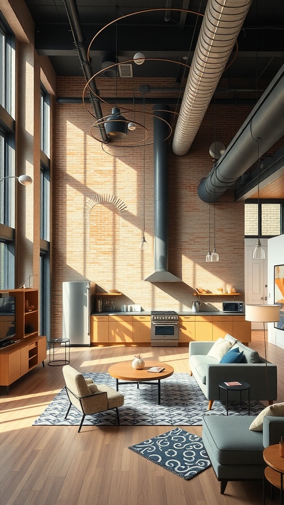 A chic urban loft kitchen with large windows, exposed brick walls, modern appliances, and cozy furniture.