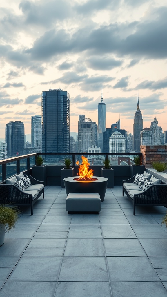 Stylish urban rooftop fire pit area with modern seating and city skyline view