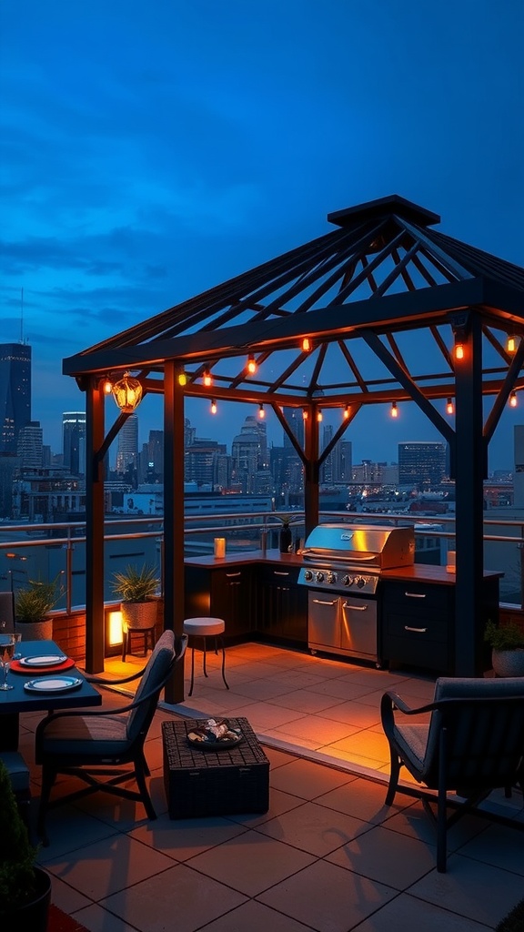 Chic urban rooftop grill gazebo with a modern grill, cozy seating, and city skyline view at dusk.