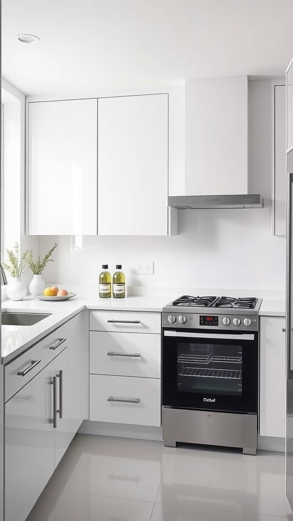 Chic white kitchen featuring integrated appliances and a sleek design.