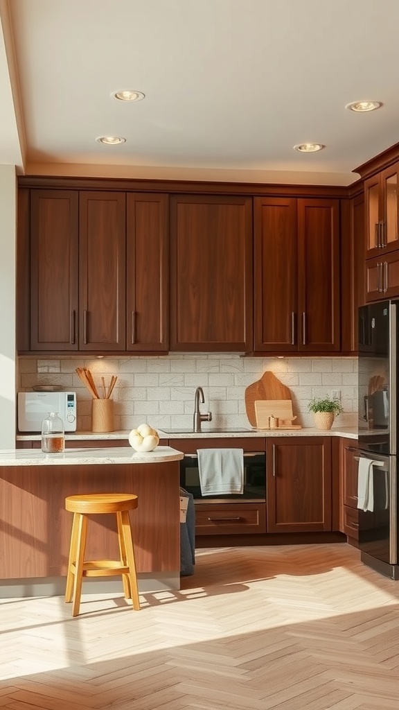 Kitchen featuring chocolate brown cabinets and soft beige accents