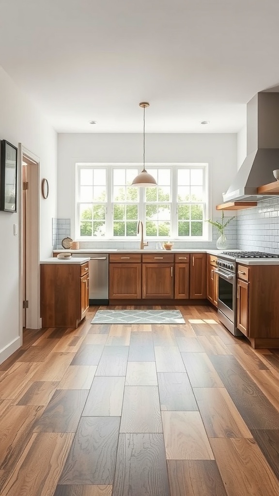 A modern kitchen with wooden flooring, wooden cabinets, and a large window.