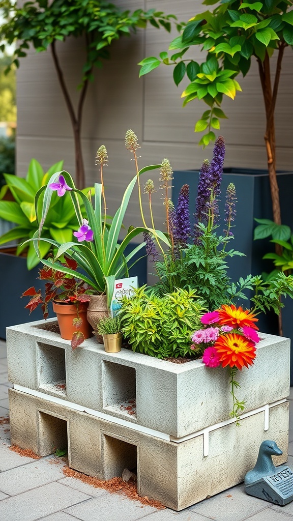 Colorful cinder block planter box filled with various plants and flowers