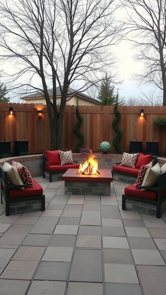 Outdoor fire pit area with cinder block seats and cushions