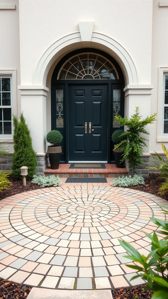 Circular brick patio leading to a front door with greenery and decorative plants