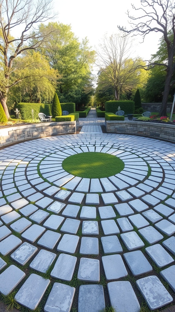 A circular stone pattern pathway surrounded by greenery and neatly trimmed hedges