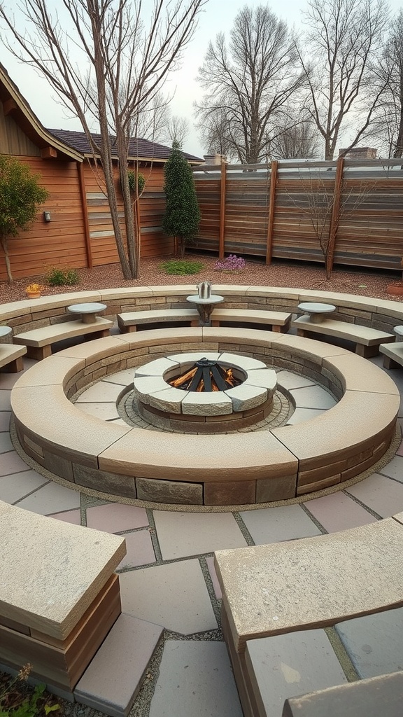 Circular stone seating around a fire pit in a backyard