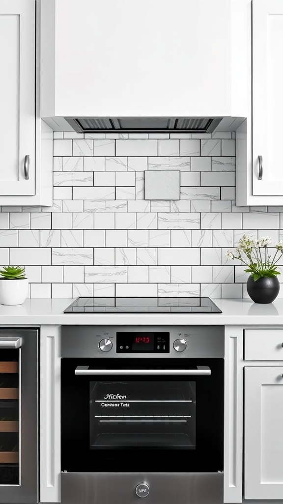 A modern kitchen with a black-and-white color scheme featuring a subway tile backsplash, sleek appliances, and plants.