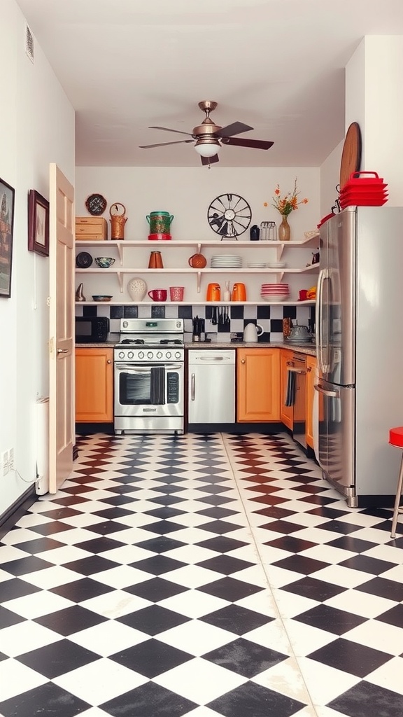 Kitchen with classic black and white checkerboard floor, featuring modern appliances and colorful decor.