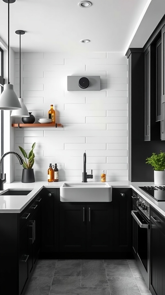 A modern kitchen featuring black cabinetry, white countertops, and a contrasting backsplash.