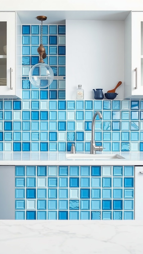 Blue and white tile backsplash in a modern kitchen, featuring varying shades of blue tiles and a sleek sink.