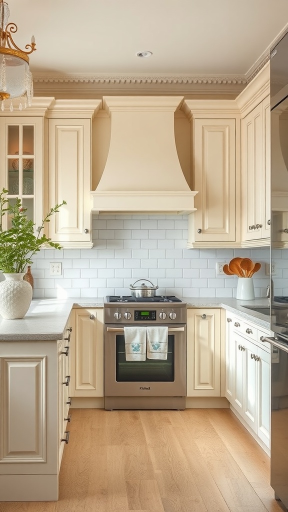 A kitchen with classic cream cabinetry and stainless steel appliances, featuring light wooden floors and white subway tile backsplash.