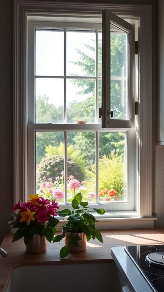 A classic double-hung kitchen window with an open sash, showing a vibrant garden view and potted plants on the windowsill.