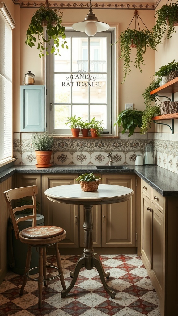 A cozy kitchen styled like a classic French bistro, featuring a round table, potted herbs, and rustic decor.