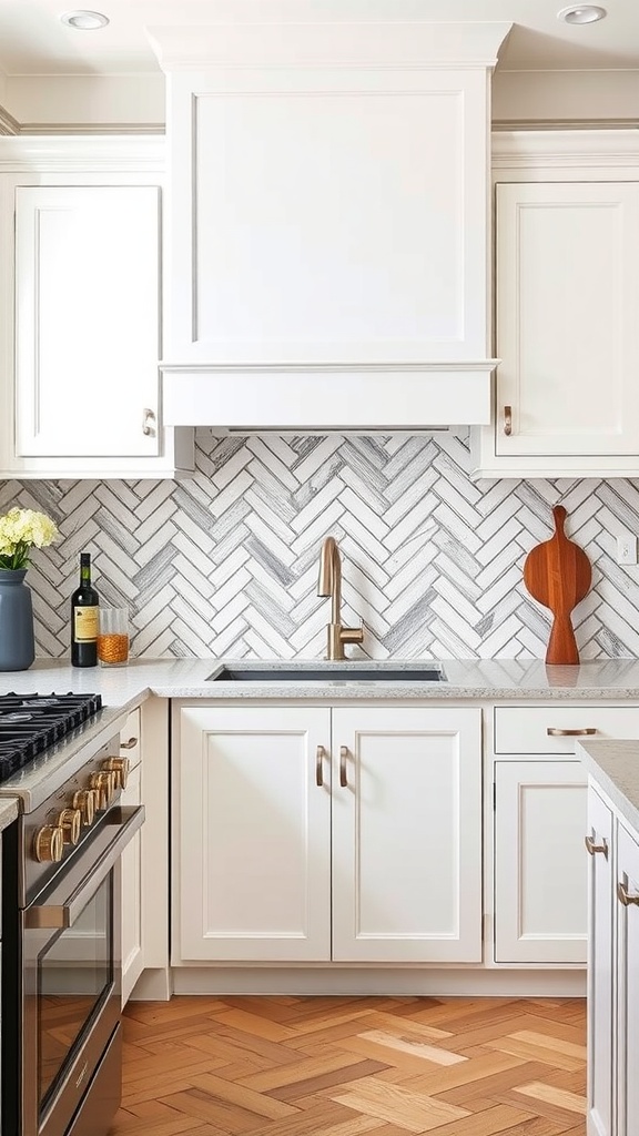 Kitchen featuring a classic herringbone tile backsplash in gray tones with white cabinetry and gold accents.