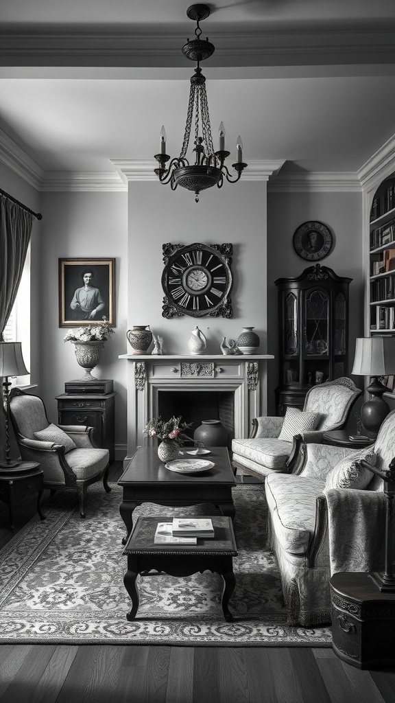 Living room featuring classic monochrome design with vintage elements, including a chandelier, ornate clock, and plush furniture.