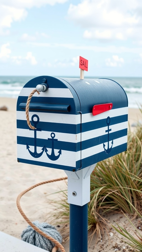 A striped blue and white mailbox with an anchor design, set against a beach background