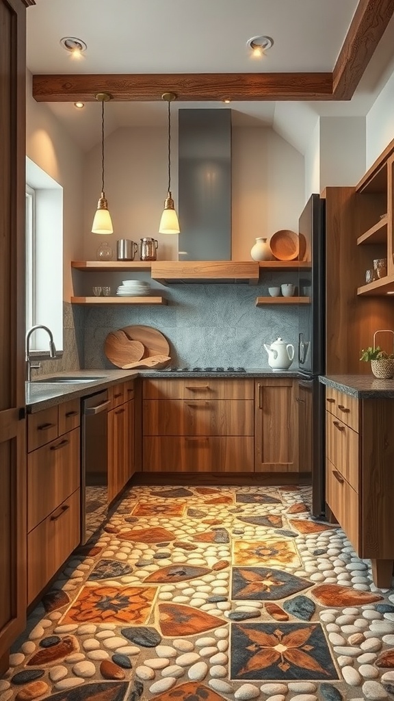 A modern kitchen featuring classic pebble stone flooring with wooden cabinets and warm lighting.