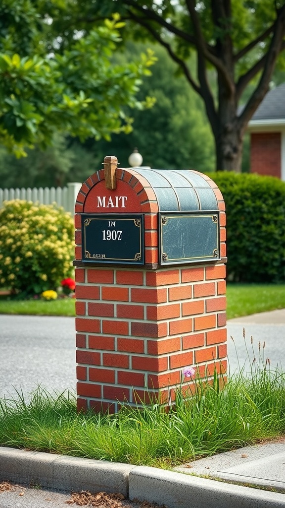 Classic red brick mailbox with a rounded top and engraved plaque