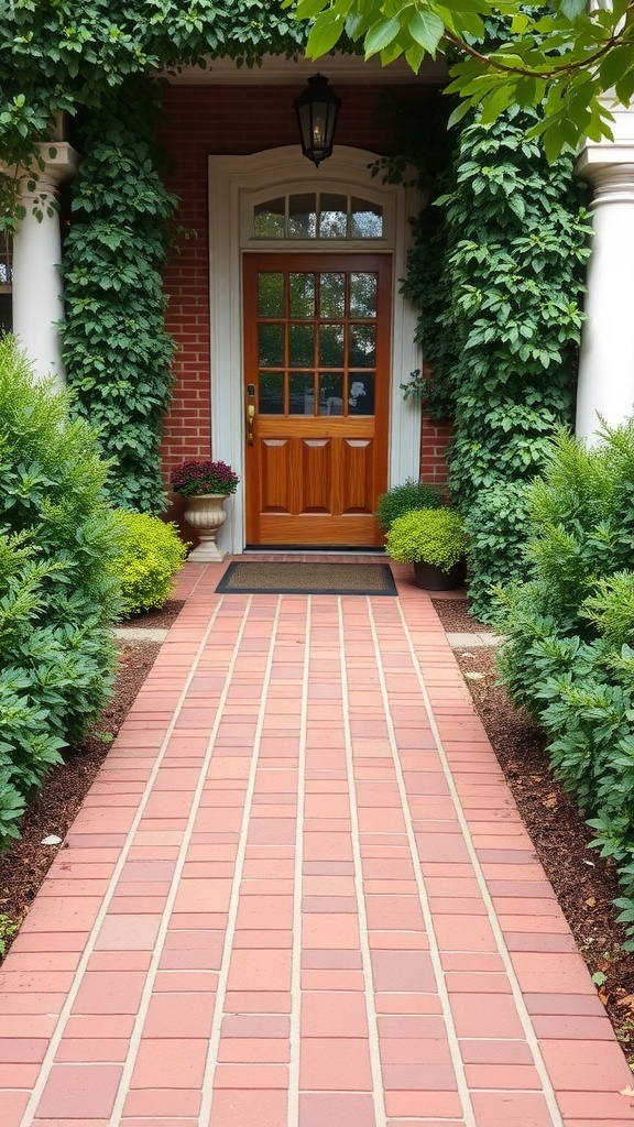 A classic red brick pathway lined with greenery leading to a front door.