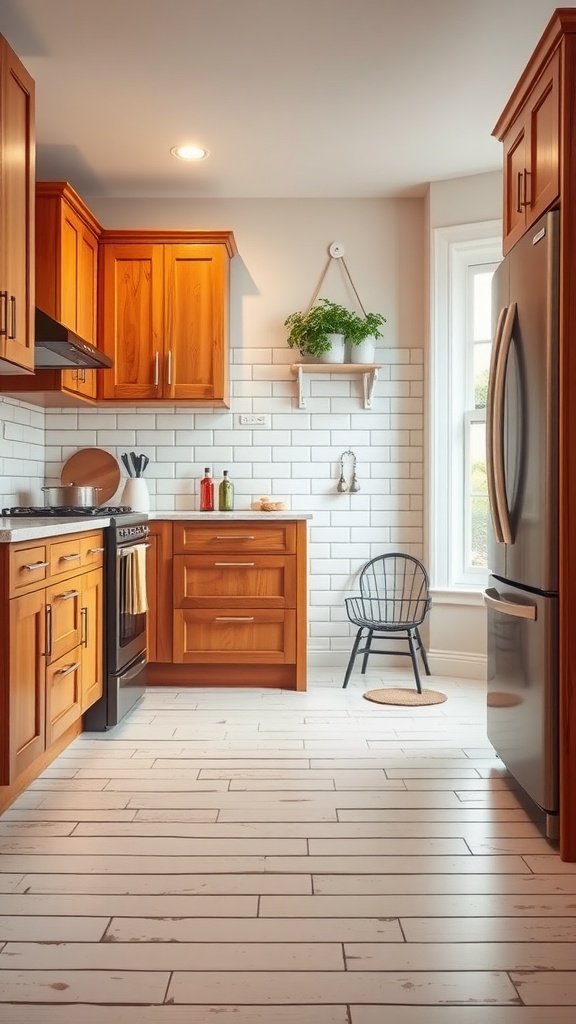 A cozy kitchen featuring classic subway tiles, wooden cabinets, and a black chair