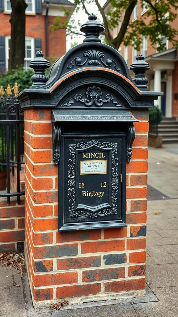 A brick mailbox with Victorian influences featuring ornate black metal detailing.