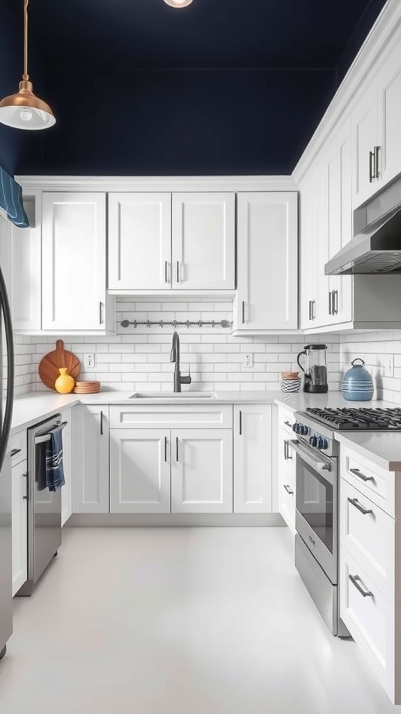 Kitchen featuring white cabinets and a navy blue ceiling.