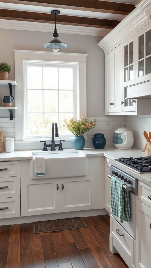 A kitchen featuring a classic white farm sink, blue decorative elements, and wooden ceiling beams.