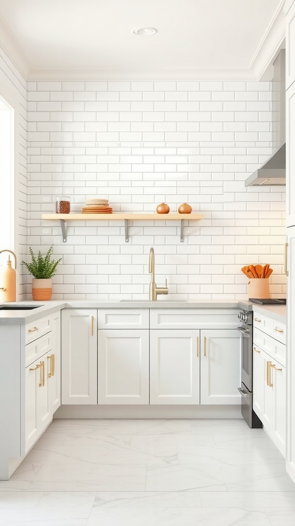 A classic white kitchen featuring subway tiles, gold hardware, and open shelving with plants and kitchenware.