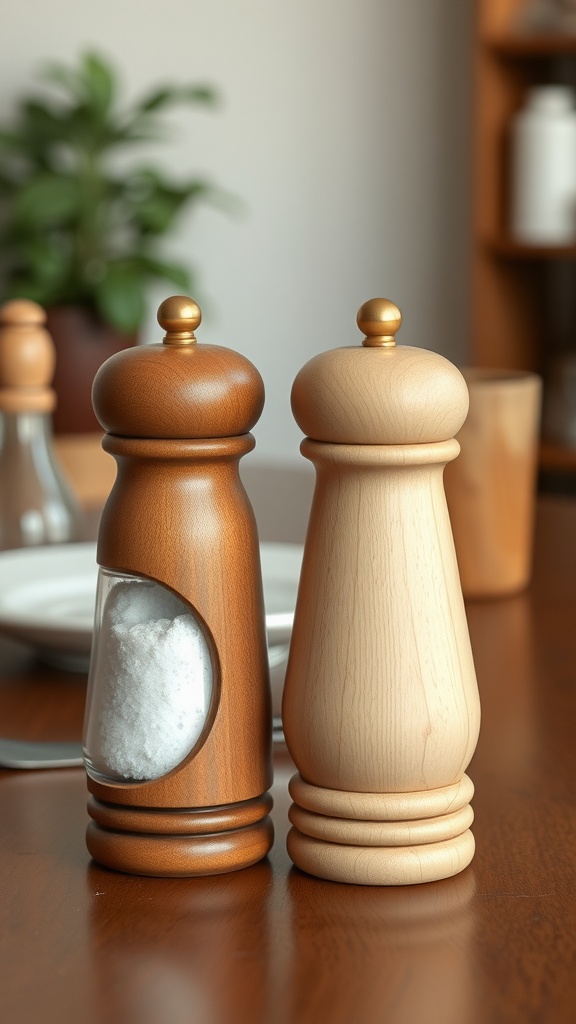 A pair of wooden salt and pepper shakers on a kitchen table.