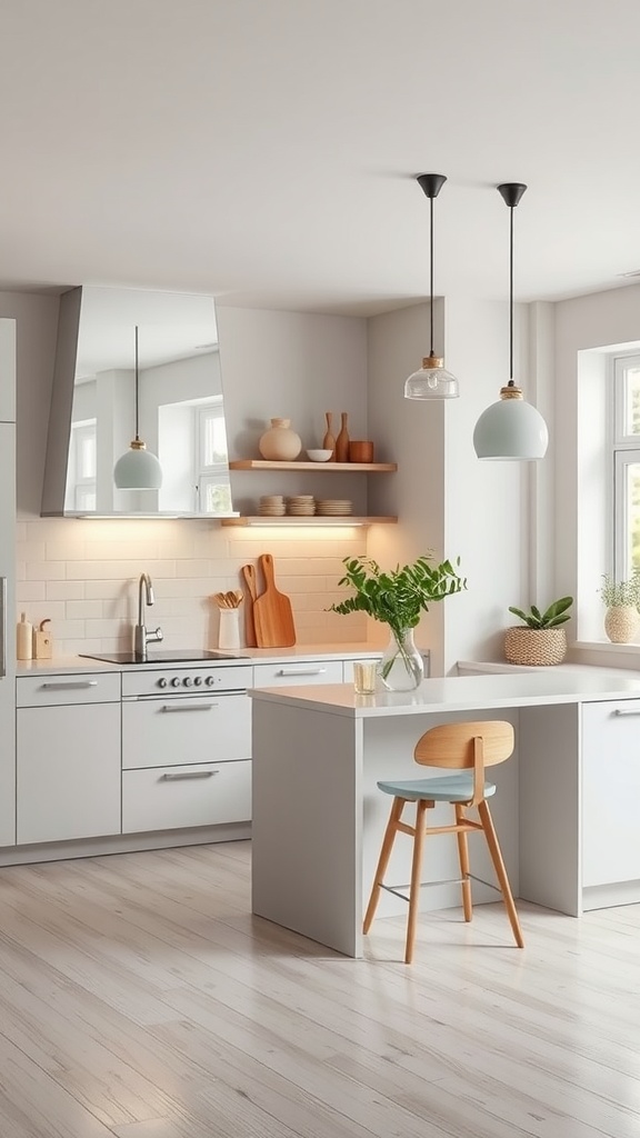 A Scandinavian kitchen featuring a large mirror, light-colored cabinetry, and stylish decor.