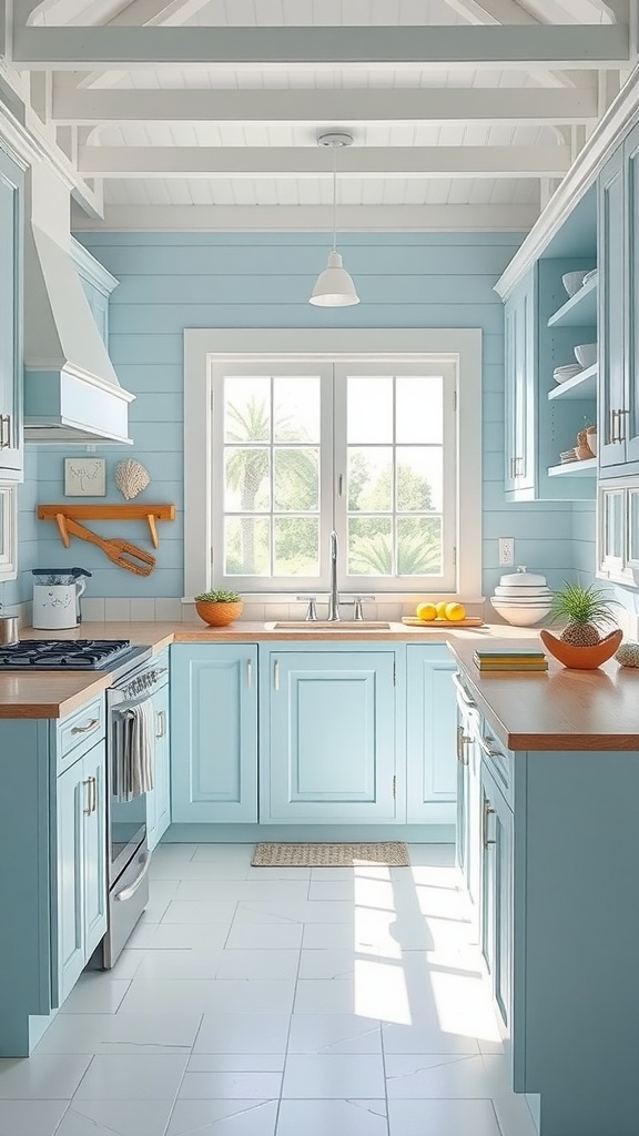 A kitchen with light blue cabinets, wooden countertops, and natural light streaming through a large window, evoking a coastal beach vibe.