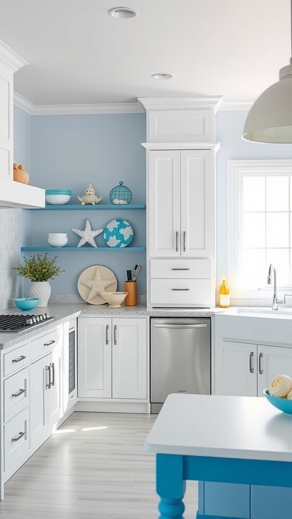 A coastal-themed kitchen featuring blue and white colors, open shelves with decorative items, and a blue kitchen island.