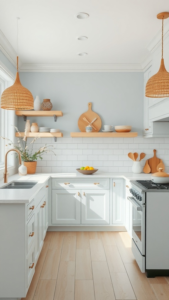 Light coastal kitchen with blue walls, white cabinets, wooden shelves, and warm accents.