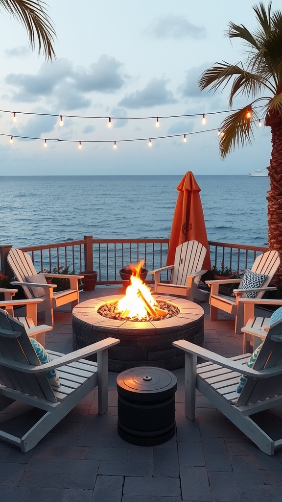 Coastal fire pit area with Adirondack chairs, ocean view, and string lights