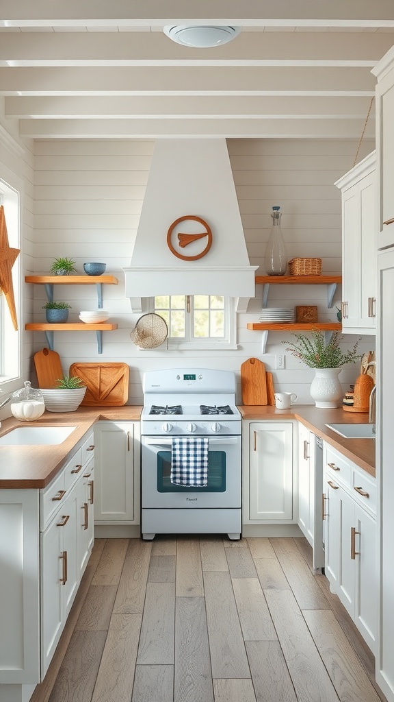 A bright coastal white kitchen featuring open shelves, wooden countertops, and nautical decor.