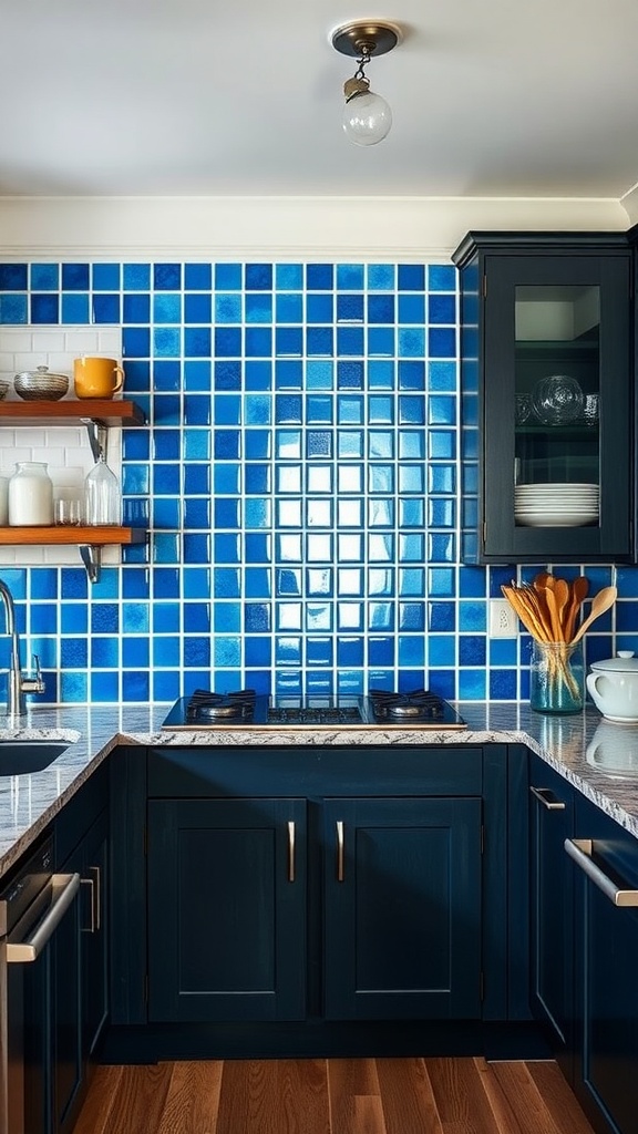 A kitchen featuring cobalt blue ceramic tiles as a backsplash with dark kitchen cabinets and a granite countertop.