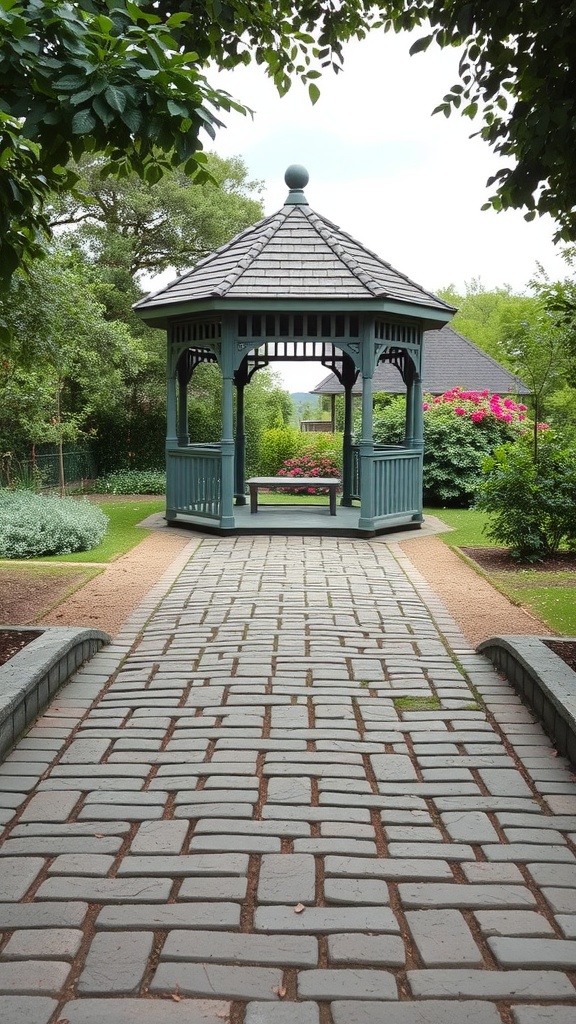 A cobbled stone walkway leading to a gazebo in a lush garden