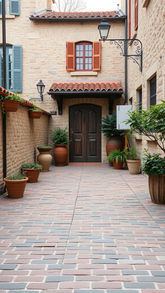 A charming cobblestone and brick walkway leading to a front door, flanked by plants in terracotta pots.