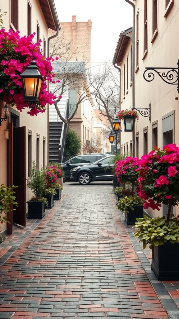 A charming cobblestone walkway lined with colorful flowers and lanterns