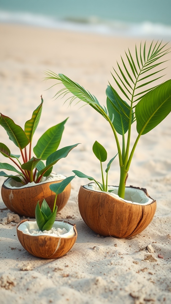 Coconut shell planters with various plants on a sandy beach