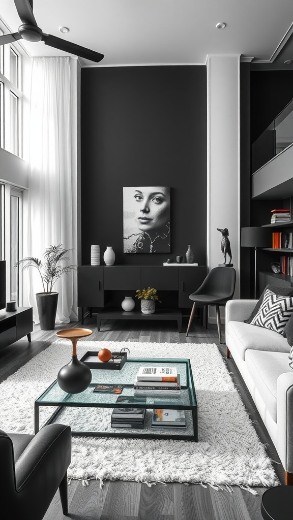 A stylish living room featuring a black wall, modern furniture, and a glass coffee table