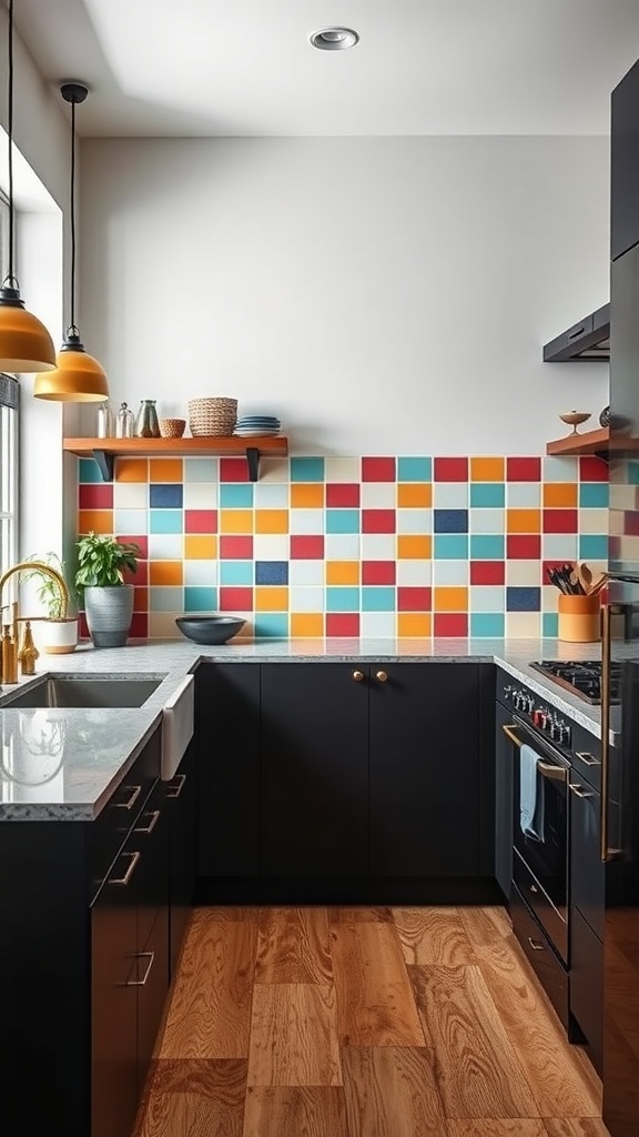 A kitchen with a colorful tile backsplash featuring a mix of squares in various colors, complemented by dark cabinets and wooden flooring.