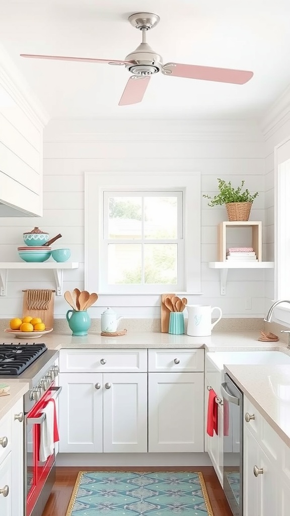 A bright beach house kitchen featuring a red stove, light cabinets, turquoise kitchenware, and a comfortable layout.