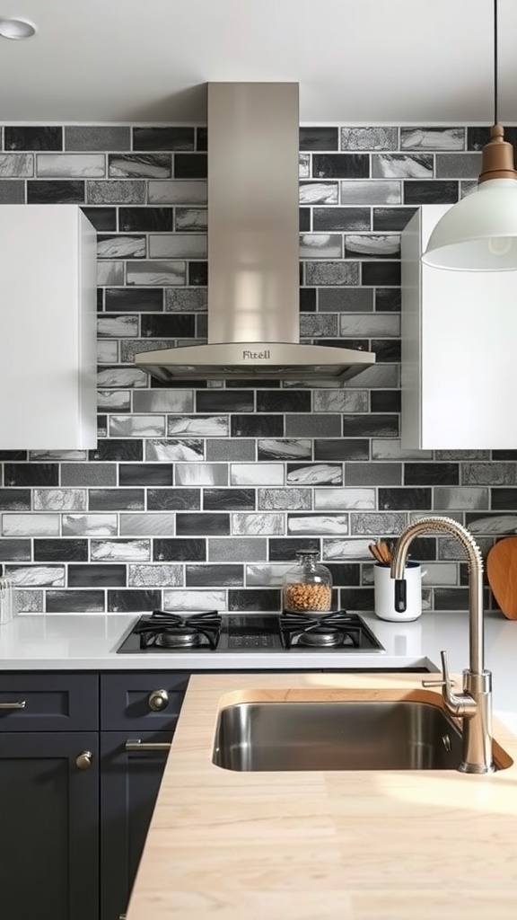 A modern kitchen with black and gray tile backsplash, stainless steel appliances, and wooden countertops.